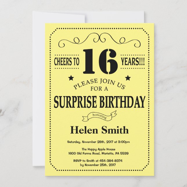 Surprise 16th Birthday Black and Yellow Invitation (Front)