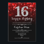 Surprise 16th Birthday - Black Red Silver Invitation<br><div class="desc">Surprise 16th Birthday Invitation.
Elegant black red design with faux glitter silver. Adult birthday. Features diamonds,  bokeh lights and script font. Men or women bday invite.  Perfect for a stylish birthday party. Message me if you need further customization.</div>