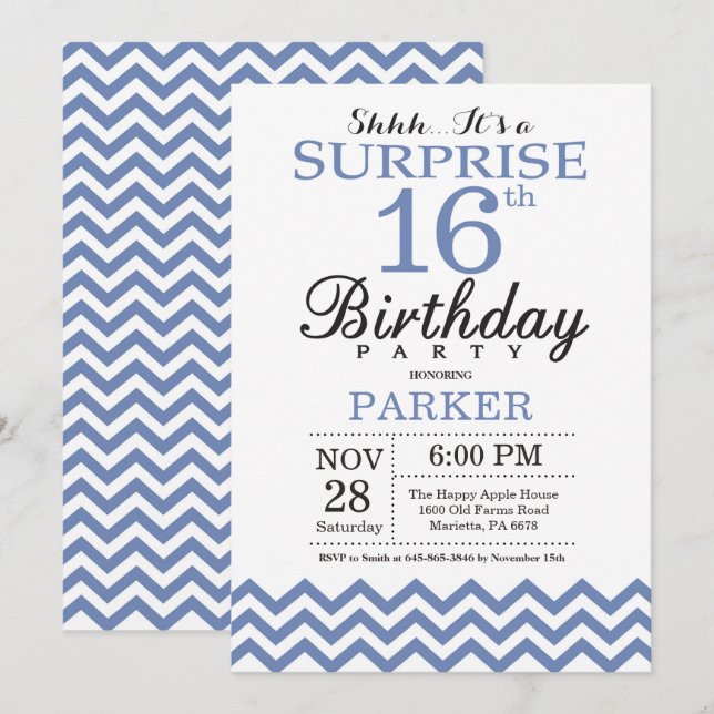 Surprise 16th Birthday Blue Chevron Invitation (Front/Back)