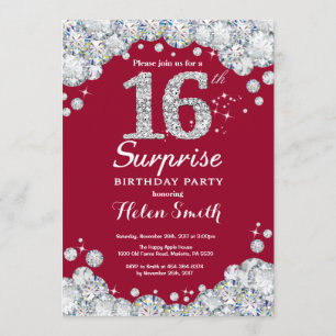 Surprise 16th Birthday Burgundy Red Silver Diamond Invitation