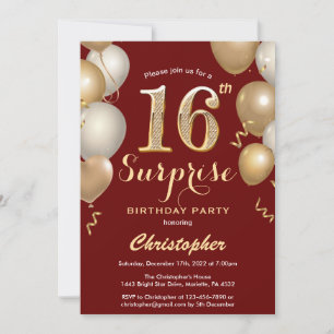 Surprise 16th Birthday Dark Red and Gold Balloons Invitation