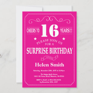 Surprise 16th Birthday Hot Pink and White Invitation