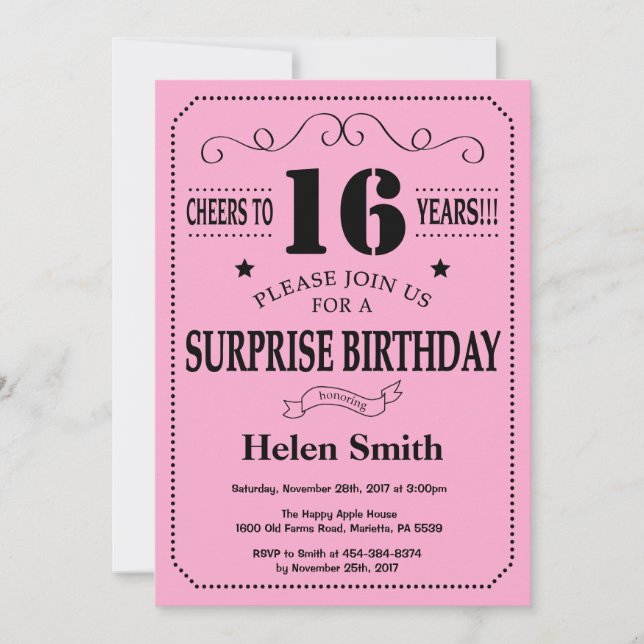 Surprise 16th Birthday Invitation Black and Pink (Front)