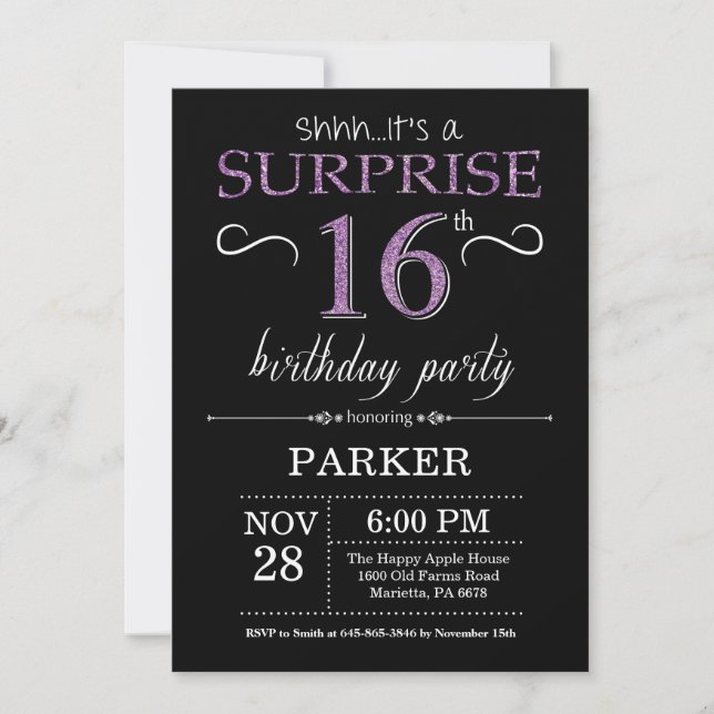 Surprise 16th Birthday Invitation Black and Purple (Front)