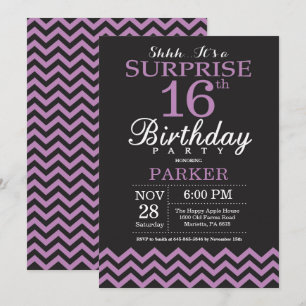 Surprise 16th Birthday Invitation Black and Purple