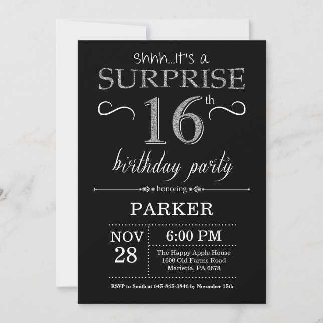 Surprise 16th Birthday Invitation Black and Silver (Front)