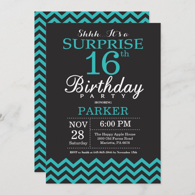 Surprise 16th Birthday Invitation Black and Teal (Front/Back)