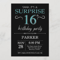 Surprise 16th Birthday Invitation Black and Teal