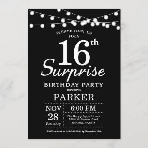 Surprise 16th Birthday Invitation Black and White