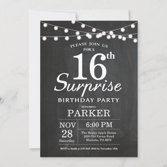 Surprise 16th Birthday Invitation Chalkboard (Front)
