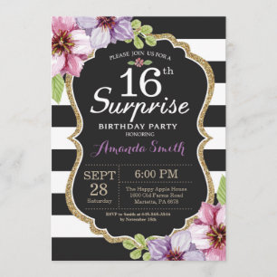 Surprise 16th Birthday Invitation Floral Gold