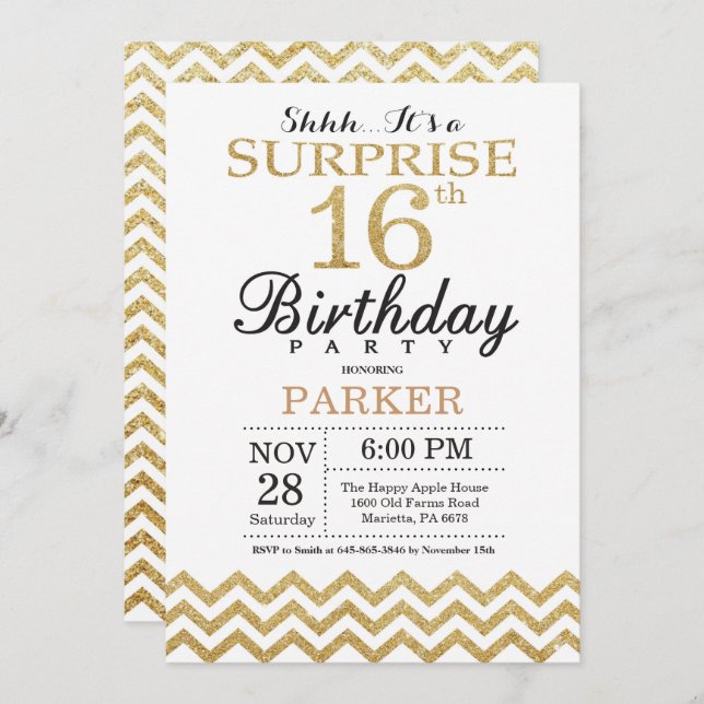Surprise 16th Birthday Invitation Gold Glitter (Front/Back)