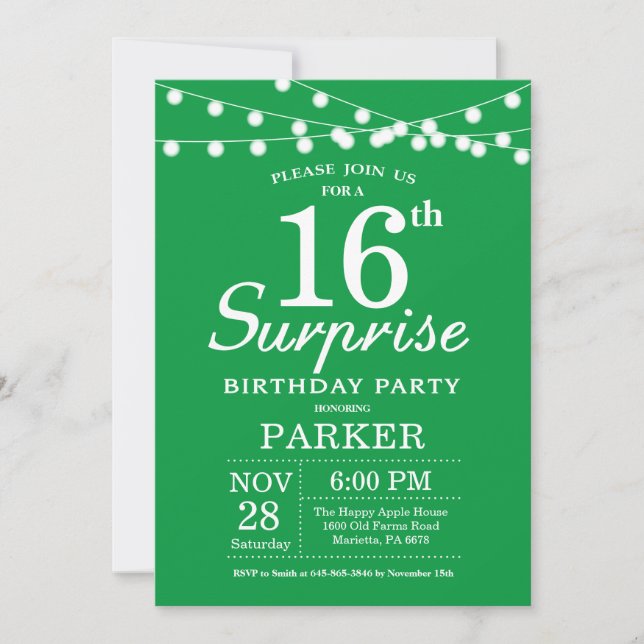 Surprise 16th Birthday Invitation Green (Front)