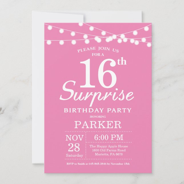 Surprise 16th Birthday Invitation Pink (Front)