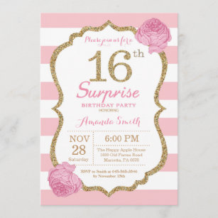 Surprise 16th Birthday Invitation Pink and Gold