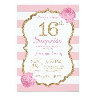 Surprise 16th Birthday Invitation Pink and Gold