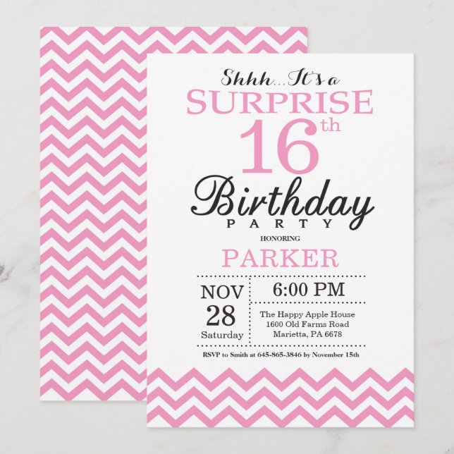 Surprise 16th Birthday Invitation Pink Chevron (Front/Back)