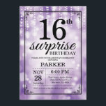 Surprise 16th Birthday Invitation Purple Glitter<br><div class="desc">Surprise 16th Birthday Invitation with Purple String Lights with Purple Glitter Background. Purple Birthday. Kids Birthday. Boy or Girl Bday Invite. 13th 15th 16th 18th 20th 21st 30th 40th 50th 60th 70th 80th 90th 100th, Any age. For further customisation, please click the "Customise it" button and use our design tool...</div>
