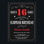 Surprise 16th Birthday Invitation Red and Black<br><div class="desc">Surprise 16th Birthday Invitation Red and Black Typography. Chalkboard. Black and White Background. Kids Birthday. Male Men or Women Birthday. Kids Boy or Girl Lady Teen Teenage Bday Invite. 13th 15th 16th 18th 20th 21st 30th 40th 50th 60th 70th 80th 90th 100th. Any Age. For further customisation, please click the...</div>