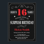 Surprise 16th Birthday Invitation Red and Black<br><div class="desc">Surprise 16th Birthday Invitation Red and Black Typography. Chalkboard. Black and White Background. Kids Birthday. Male Men or Women Birthday. Kids Boy or Girl Lady Teen Teenage Bday Invite. 13th 15th 16th 18th 20th 21st 30th 40th 50th 60th 70th 80th 90th 100th. Any Age. For further customisation, please click the...</div>