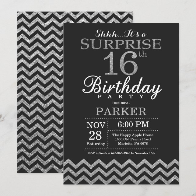 Surprise 16th Birthday Invitation Silver Glitter (Front/Back)