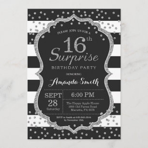 Surprise 16th Birthday Invitation. Silver Glitter Invitation