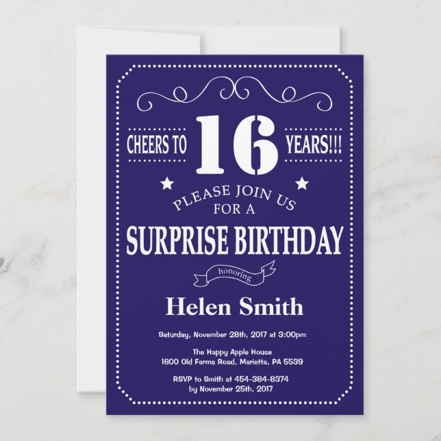 Surprise 16th Birthday Navy Blue and White Invitation (Front)