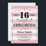 Surprise 16th Birthday Pink and White Stripes Invitation<br><div class="desc">Surprise 16th Birthday Invitation Pink and White Stripes Typography. Cheers to 16 years. Kids Birthday. Male Men or Women Birthday. Kids Boy or Girl Lady Teen Teenage Bday Invite. 13th 15th 16th 18th 20th 21st 30th 40th 50th 60th 70th 80th 90th 100th. Any Age. For further customisation, please click the...</div>