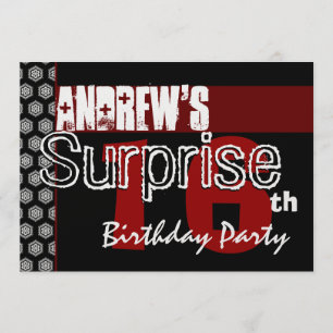 Surprise 16th Birthday Red White Black Metallic v7 Invitation