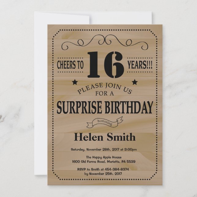 Surprise 16th Birthday Rustic Wood Invitation (Front)