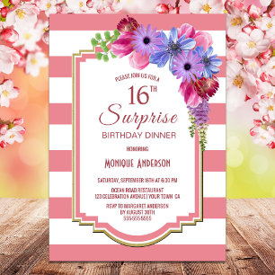 Surprise 16th Birthday Striped Lavender Floral Invitation