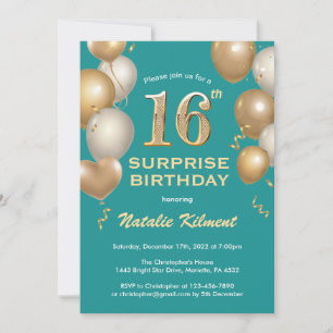 Surprise 16th Birthday Teal and Gold Balloons Invitation