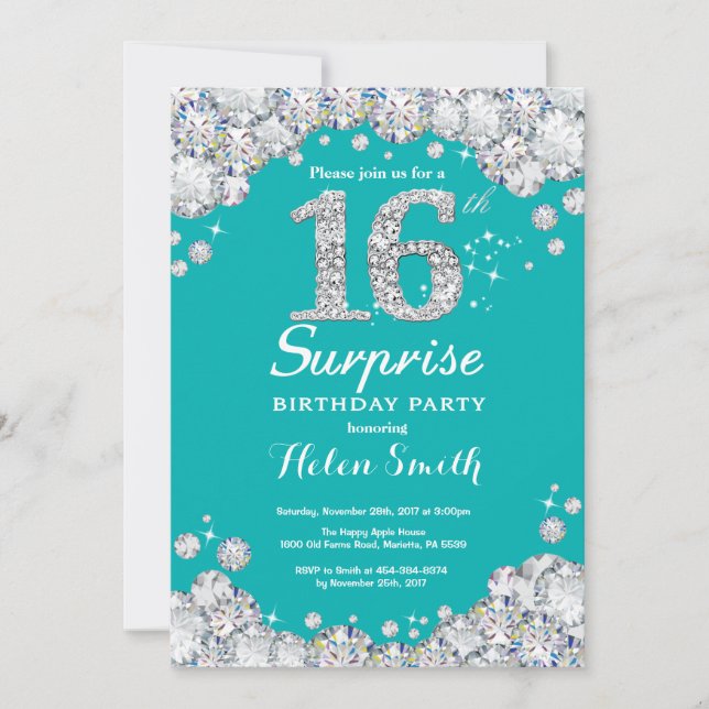 Surprise 16th Birthday Teal and Silver Diamond Invitation (Front)