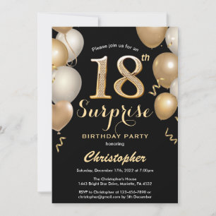 Surprise 18th Birthday Black and Gold Balloons Invitation
