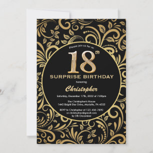 Surprise 18th Birthday Black and Gold Floral Invitation