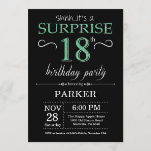 Surprise 18th Birthday Black and Green Glitter Invitation