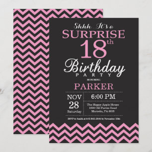 Surprise 18th Birthday Black and Pink Chevron Invitation