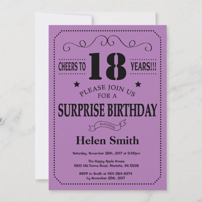 Surprise 18th Birthday Black and Purple Invitation (Front)
