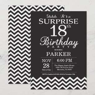 Surprise 18th Birthday Black and White Chevron Invitation