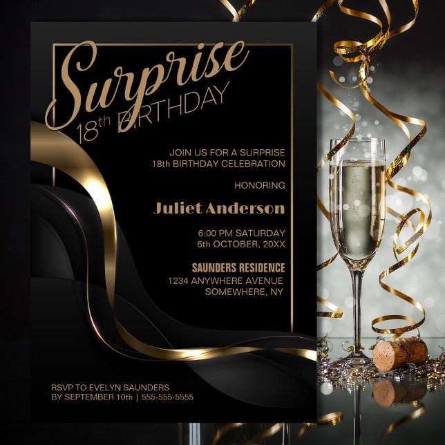 Surprise 18th Birthday Black Gold Party Invitation (Creator Uploaded)