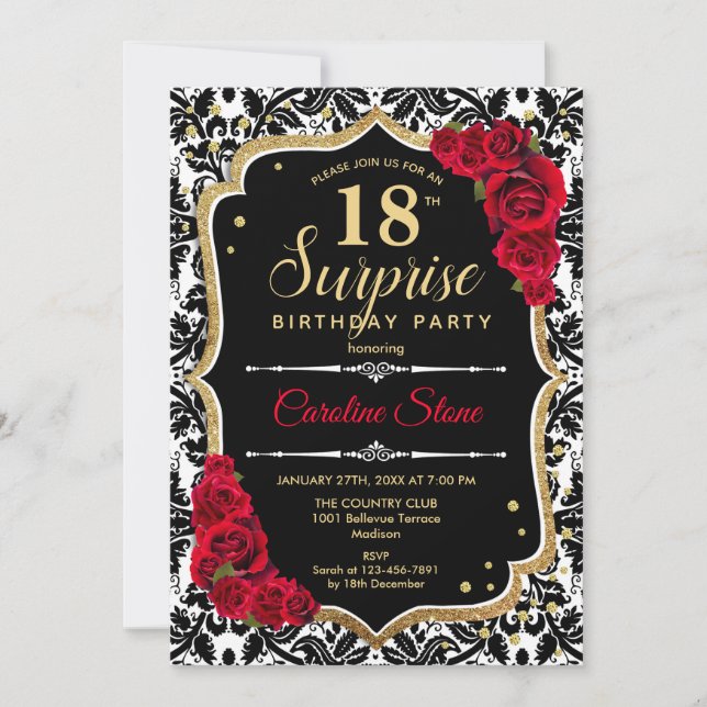Surprise 18th Birthday - Black Gold Red Invitation (Front)