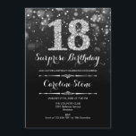Surprise 18th Birthday - Black Silver Invitation<br><div class="desc">Surprise 18th Birthday Invitation.
Elegant black white design with faux glitter silver. Adult birthday. Features diamonds and script font. men or women bday invite.  Perfect for a stylish birthday party. Message me if you need further customization.</div>