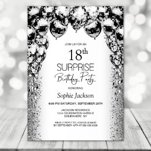 Surprise 18th Birthday Black White Balloons Party Invitation