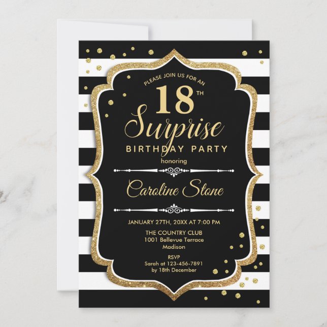 Surprise 18th Birthday - Black White Gold Invitation (Front)