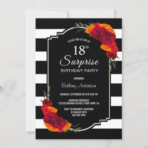 Surprise 18th Birthday Black White Striped Floral Invitation