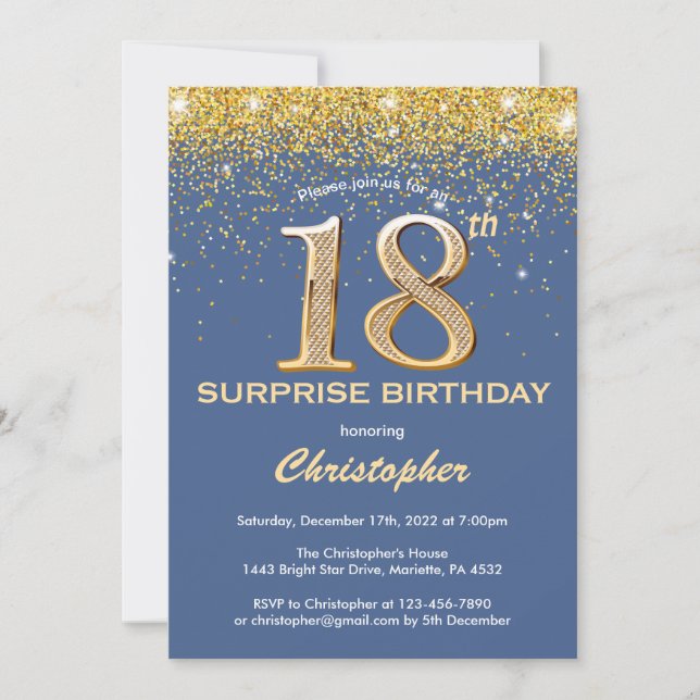 Surprise 18th Birthday Blue and Gold Glitter Invitation (Front)