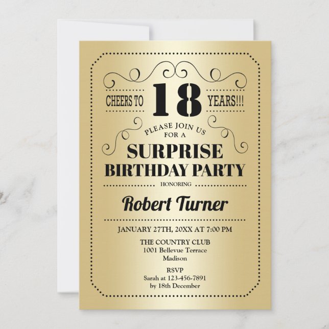 Surprise 18th Birthday - Gold Black Invitation (Front)