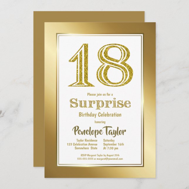 Surprise 18th Birthday Gold Party Invitation (Front/Back)
