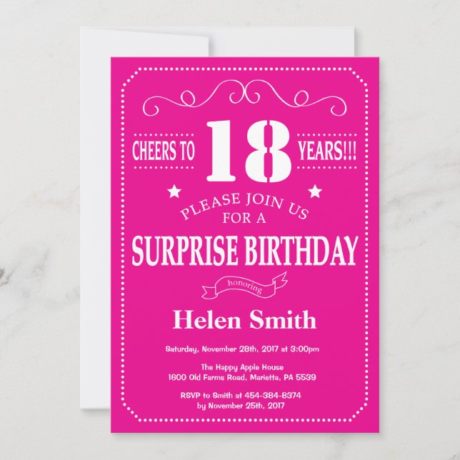 Surprise 18th Birthday Hot Pink and White Invitation (Front)