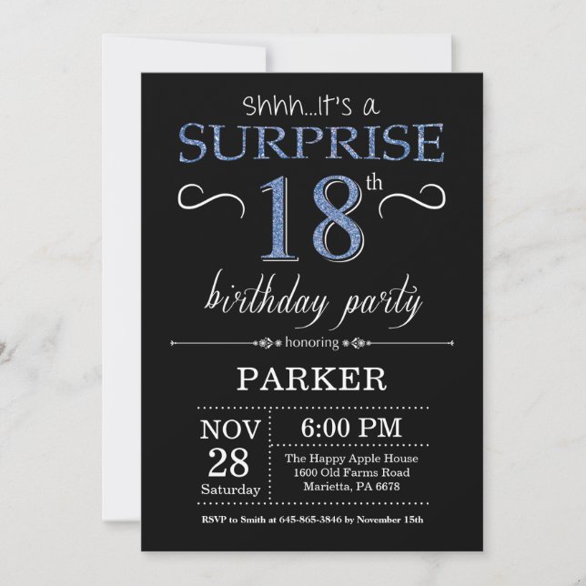 Surprise 18th Birthday Invitation Black and Blue (Front)